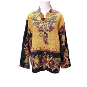 Sugar Street Weavers Gold Black Multi Fruit Woven Tapestry Jacket Floral Sz M
